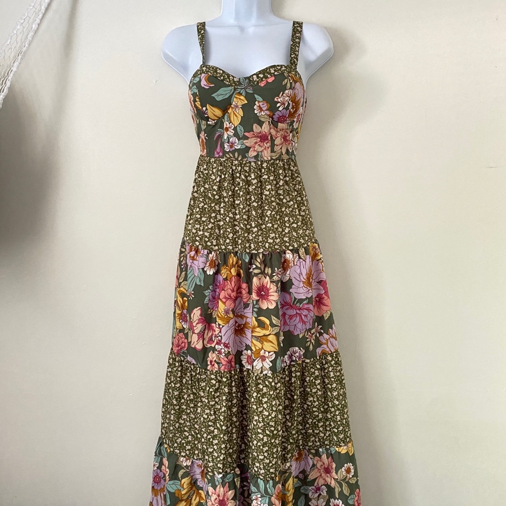 Olive Green Floral Maxi Dress with Tiered Skirt - Picture 7 of 11